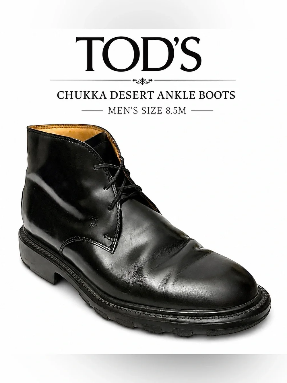 Tod’s Black Leather Chukka Desert Ankle Boots Men’s Size 8.5M